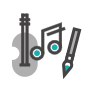Guitar, musical note and brush icon